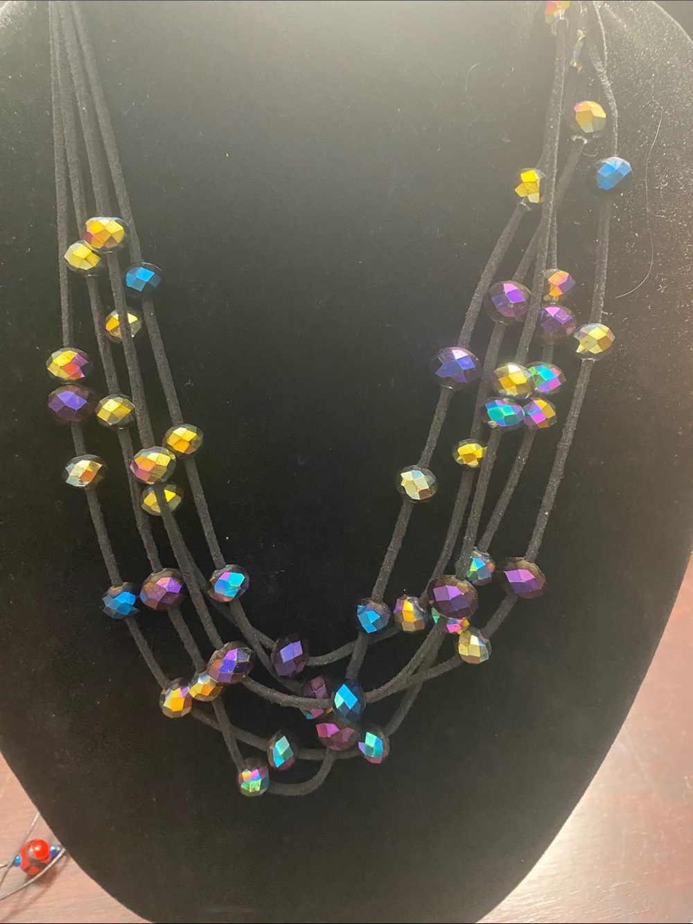 Multi-Strand Iridescent Bead Necklace - Black Cord